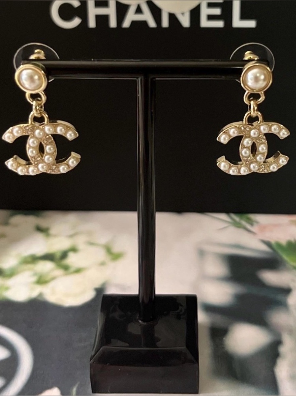 CHANEL Gold-Tone Pearl CC Drop Earrings
